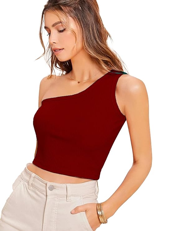 Istyle Can Women & Girls Maroon colour Sleeveless Single Shoulder Stretchable Slim Fit Crop Tank Top size S